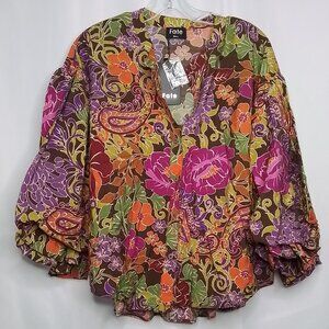 NWT FATE MULTICOLOR FLORAL PRINT BUBBLE SLEEVE BUTTON DOWN BLOUSE SIZE S